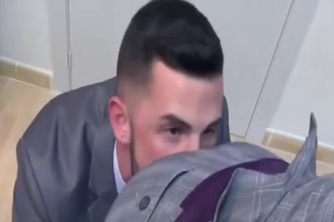 sucking   Mega Cut schlong In Suit