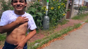 tight dude with dyed hair gets poked outdoors